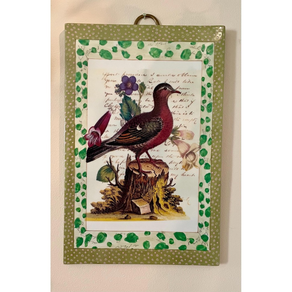 John Derian Porcelain Wall Hanging Painting Green Wing Dove Brass Hook Rare 14in